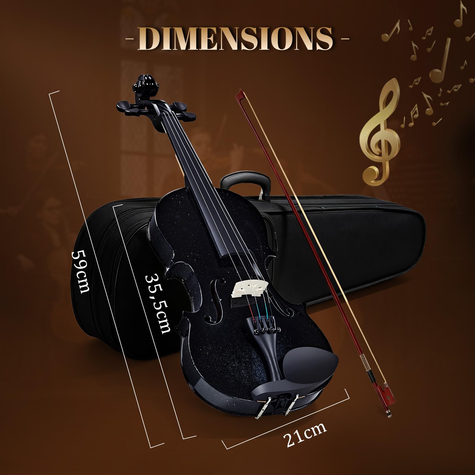 Bonnlo Violino per Bambini e Principianti, Misure 1/4, 1/2, 3/4 e 4/4, Violino in Legno Compensato di Tiglio con Acro in Legno Rosso, Astuccio, Colofonia e Mentoniera, 4/4, Nero Stellare
