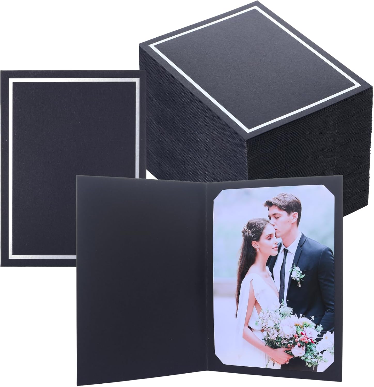 100 Pcs Photo Folders for 4x6 or 5x7 Pictures,Paper Picture Frames, Cardboard Greeting Photo Frame Cards for Christmas New Year Wedding Birthday Classroom DIY (Black with Silver Foil)