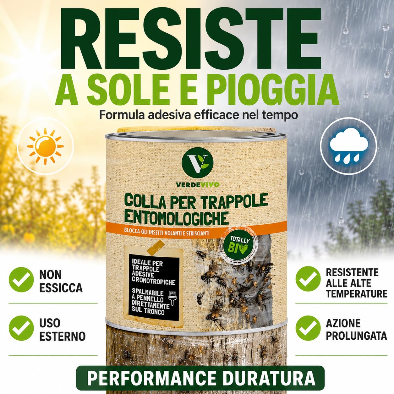 Colla Pennellabile per Insetti 750ml, Made in Italy - Colla per Trappole Cromotropiche Mosche e Insetti Volanti - Adesivo per Frutteto, Orto e Piante - Rimedio Insetti Striscianti e Giardino