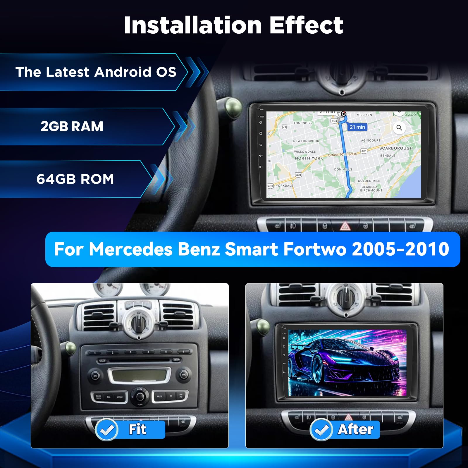 Autoradio Android pour Mercedes Benz Smart Fortwo 2005-2010, Écran Tactile 9 Pouces avec Wireless CarPlay & Android Auto, GPS Navigation WiFi Bluetooth FM RDS, Son DSP, Caméra de Recul AHD