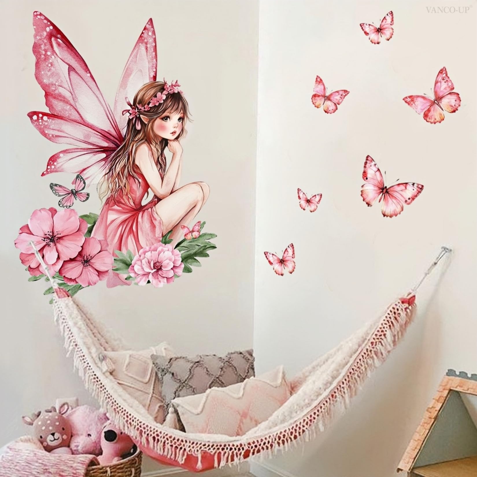 Blumenfee Wandaufkleber für Mädchenzimmer, rosa Blumenwandbild mit Schmetterlingen, DIY Wanddekoration aus ablösbarem Vinyl für Mädchenzimmer, Schlafzimmer und Spielzimmer