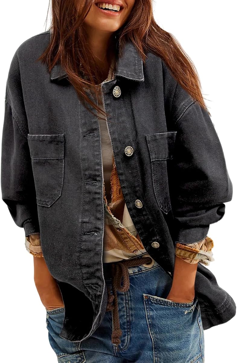 Chaqueta vaquera para mujer Oversized Boyfriend Button Up Manga larga Split Zimbaplatinum Denim Jackets