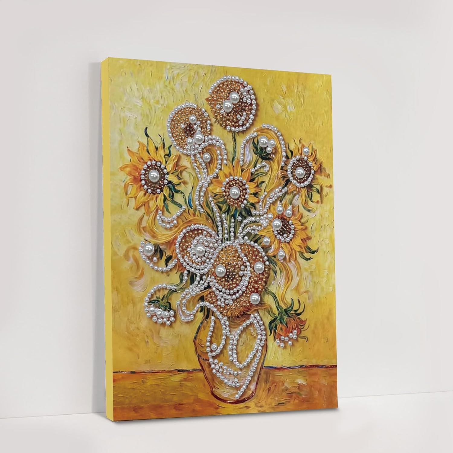 Pearl Gem Diamond Art Painting Kits,Sunflower Vase Pattern Diamond Dots Pearl Gem Paintings Picture Arts Craft 30x40cm with Frame for Adults Gift Home Decor