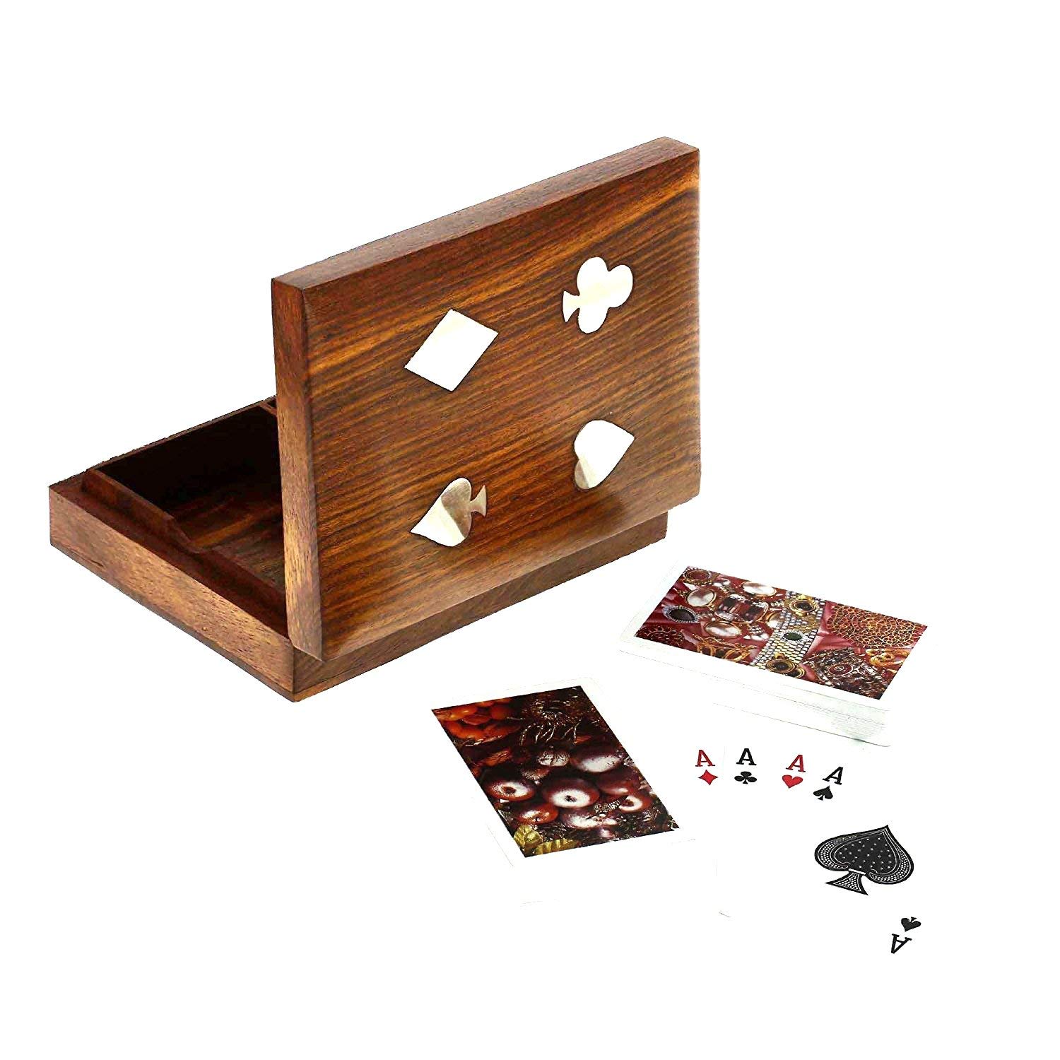 Fully Handmade Handmade Wooden Brown Sheesham Playing Card Box, Diamond
