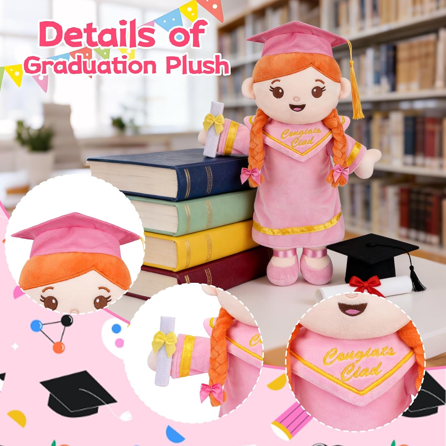 Graduation Plush Doll,Pink Stuffed Animal with Cap & Braided Hair,Soft Cute Plush Figure,Graduation Class of 2026 Keepsake Gifts for Girls Kids