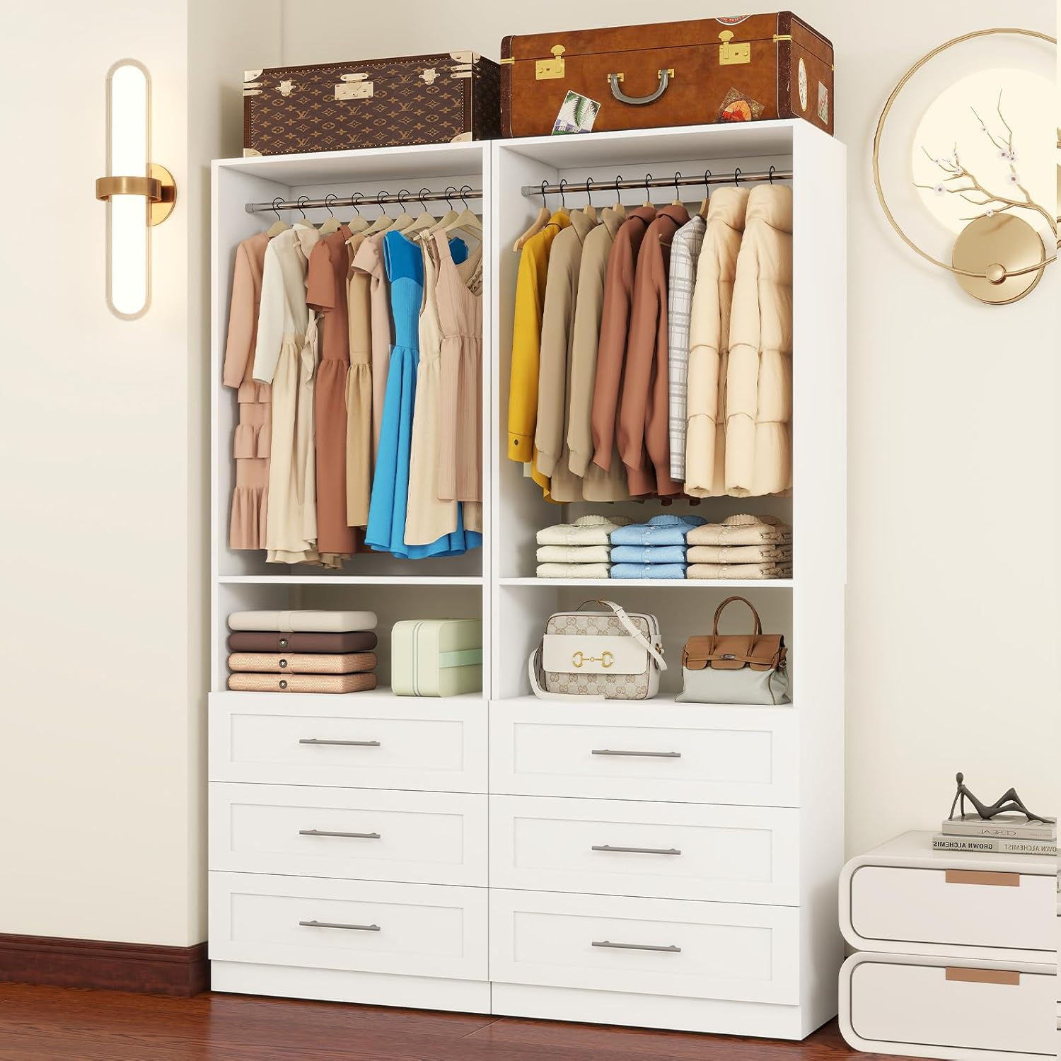 Closet System with Drawers, 2FT Closet Organizer System 23.7" Wood Walk-in Closet Shelf Corner Small Closets Storage System with Hanging Rods Modular White (2FT)