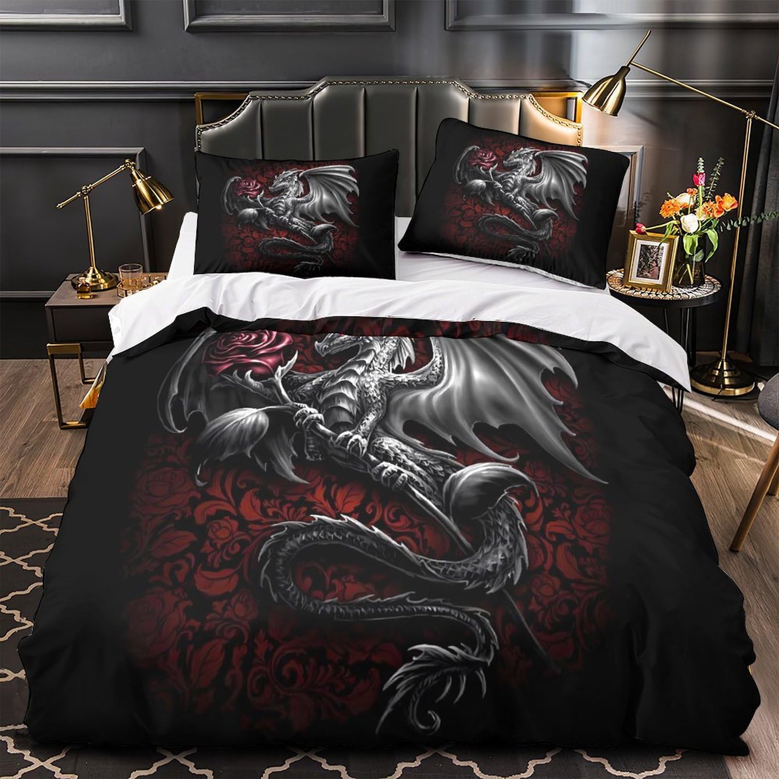 Parure de couette dragon gothique 3D lavable en machine pour lit deux places King