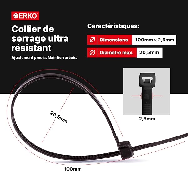ERKO 100 pièces d'attaches de câble professionnelles 100 x 2,5 mm Poignée d'attache de câble couleur blanc, résistante à la température - 2