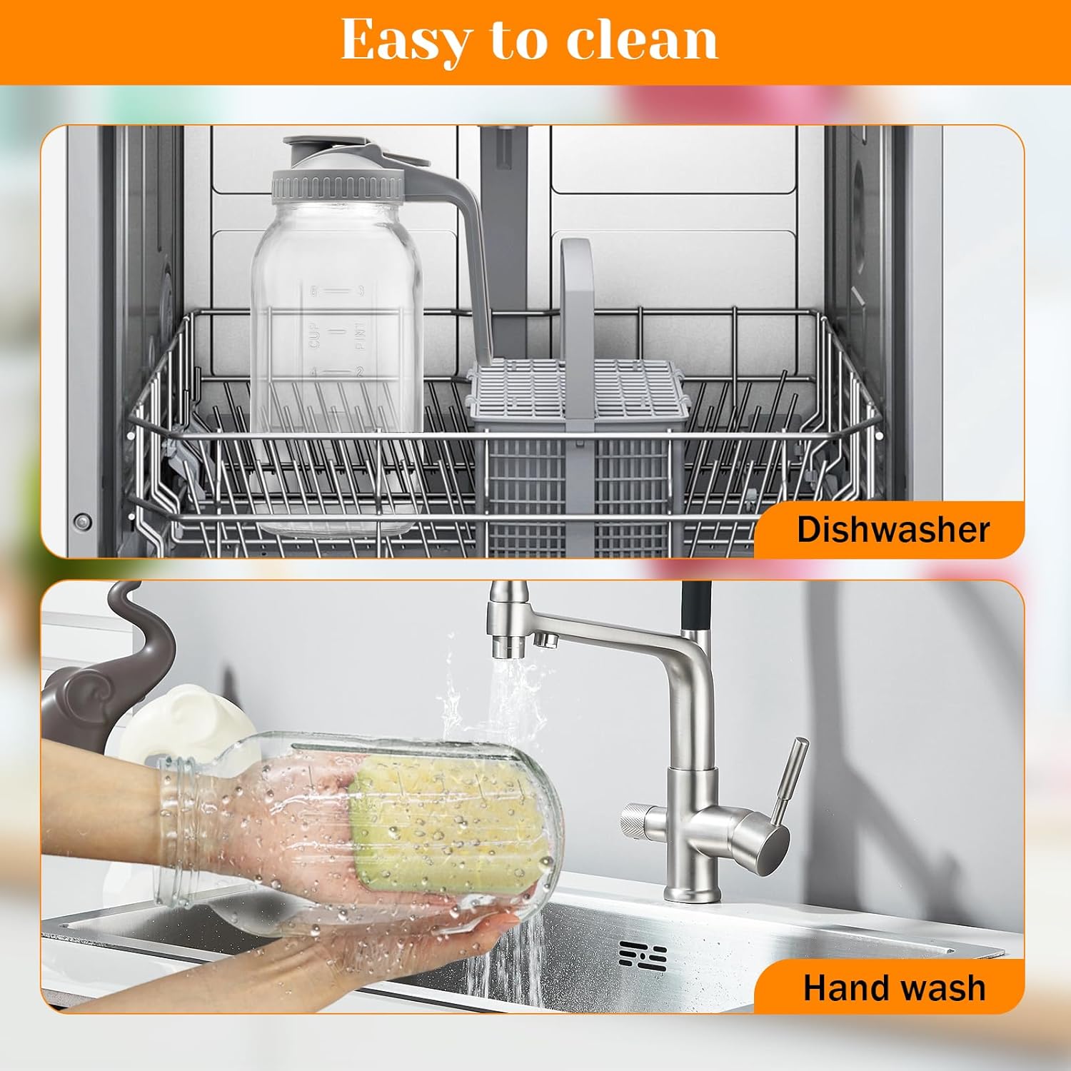 3 Pack Glass Pitchers with Lid, 64 oz Sun Tea Pitcher, Half Gallon Mason Jar Pitcher with Wide Mouth Airtight Lid for Ice Tea, Cold Brew Coffee, Fridge Water, Milk, Juices, Leak Proof Water Jug - Image 6