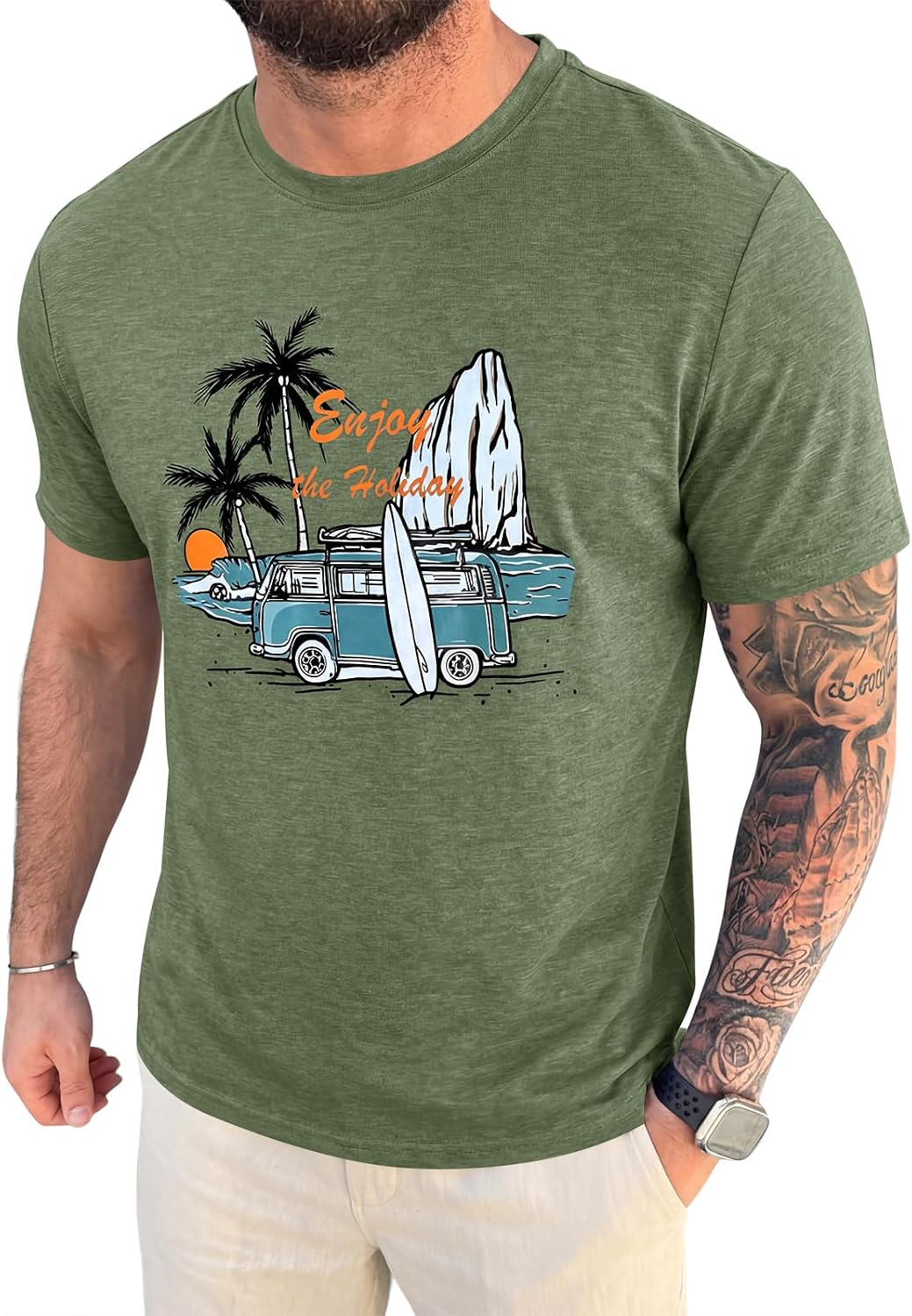 Runcati Mens Short Sleeve T-Shirts Graphic Crew Neck Summer Beach Shirt | Casual Loose Fit Palm Tree Printed, Vintage Hawaiian Tees