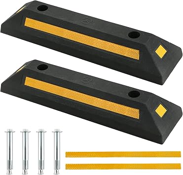 ATPEAM Rubber Curb Vehicle Floor Stopper Heavy Duty 2 Pack Black Parking Blocks Wheel Stop Stoppers with Yellow Reflective Stripes for Car, Truck, RV, Trailer, and Garage