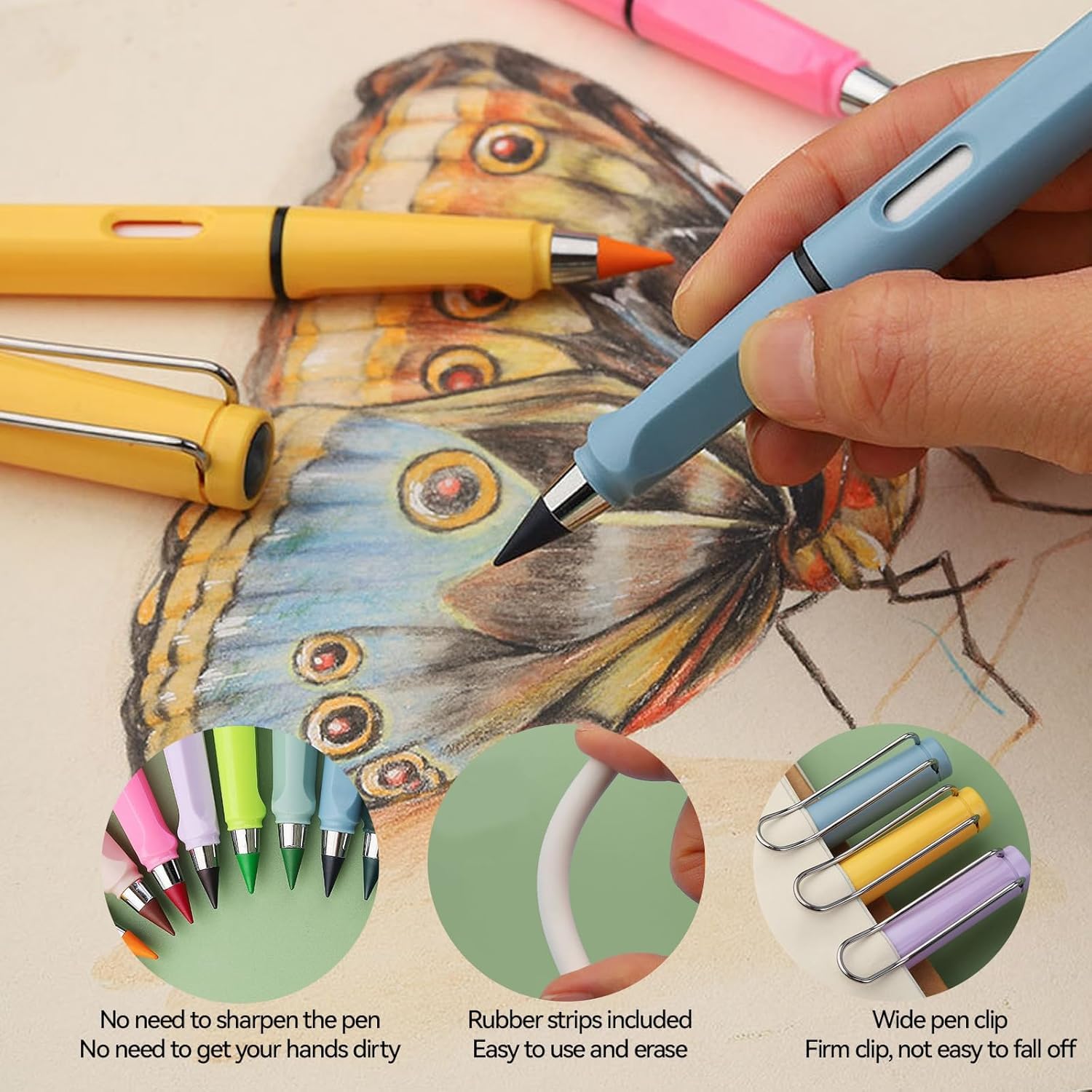 12 Stück Ewige Buntstifte - Never-Ending Bleistifte Mit Radiergummi | Kein Anspitzen Nötig | 24 Ersatzspitzen