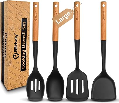 Large Silicone Kitchen Utensils Set, 4 PCS Cooking Utensils Set with Wooden Handle, Heat Resistant Silicone Utensils Kit for Nonstick Cookware, BPA Free Spatula Set with Turner Spoon Ladle