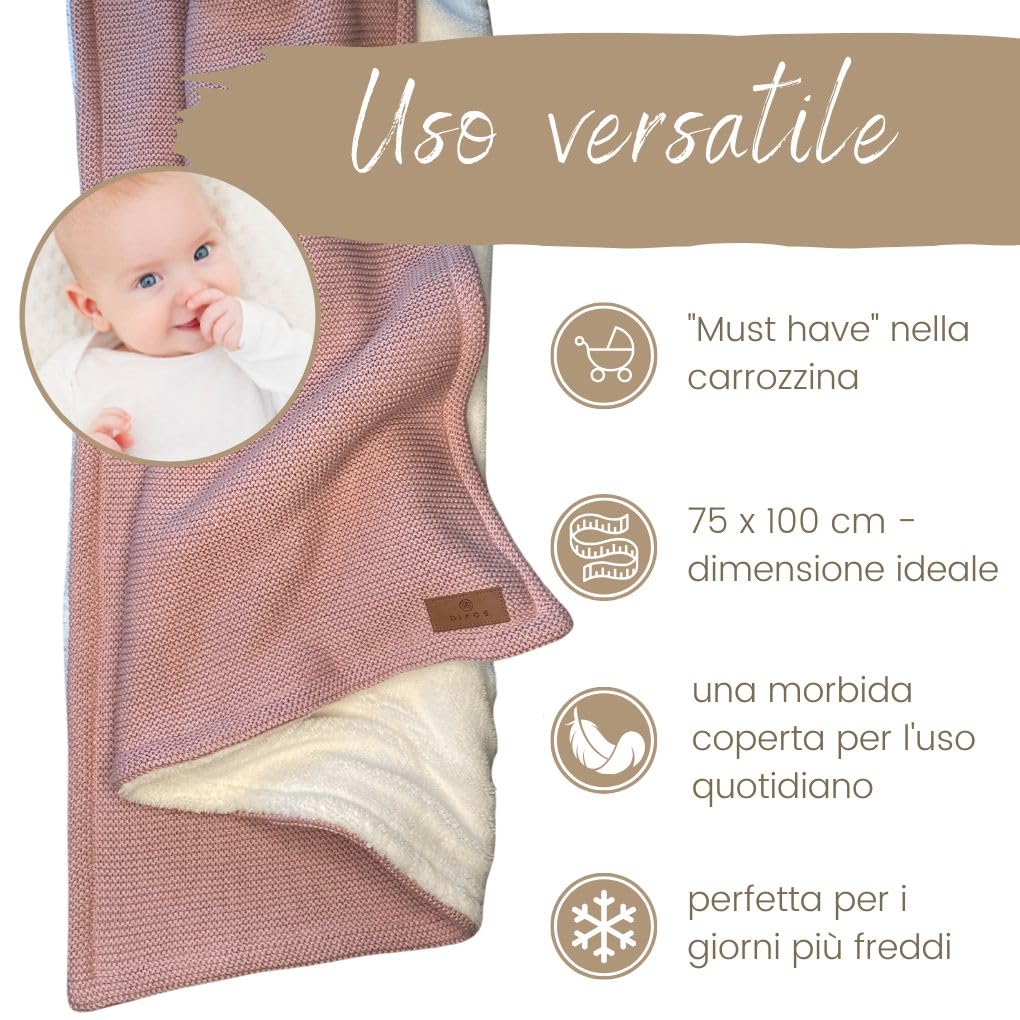 DIKOS Coperta invernale per neonati, di alta qualità, colore: rosa scuro, morbida coperta invernale per neonate, in cotone biologico e caldo pile (Oeko-Tex 100), regalo elegante per la nascita (rosa)
