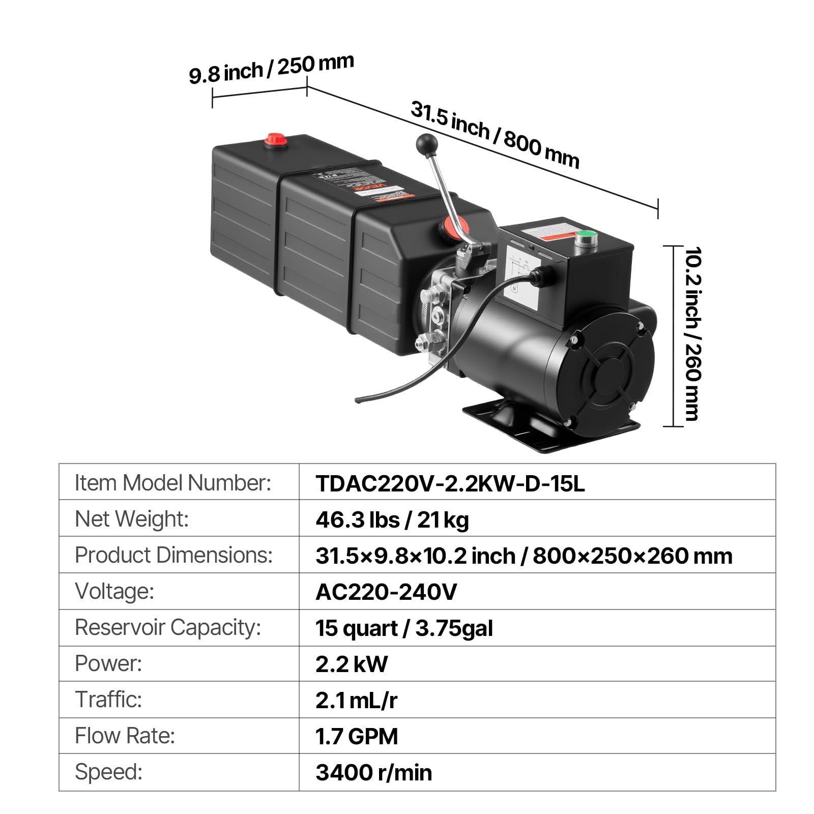 VEVOR Pompe Hydraulique 2 HP 15 L, Unité de Puissance Hydraulique Monophasé 3450 tr/min, Groupe Hydraulique Portable, pour Camion à Benne Basculante Nacelle Élévatrice Remorque