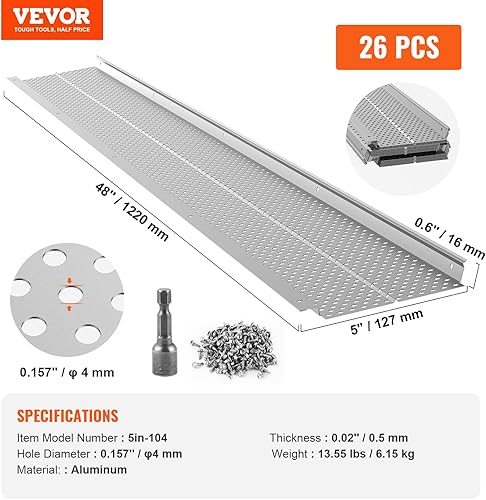 Miniatura 10 de VEVOR Protector de canalón, 5 pulgadas de ancho, filtro de hoja de aluminio, cubierta de canalón para bricolaje, 52 piezas de 208 pies de longitud