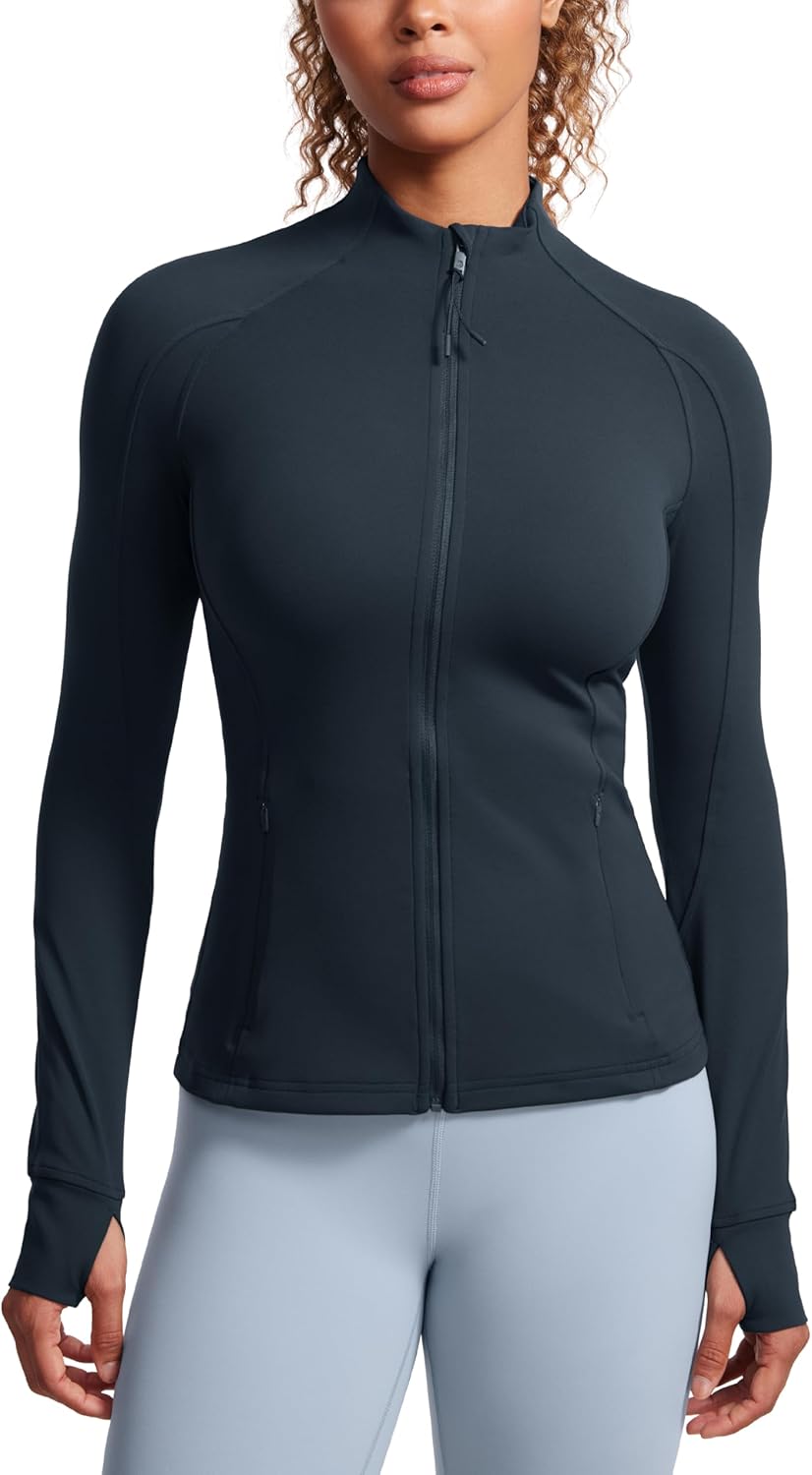 CRZ YOGA Butterluxe Hip Length Jackets for Women - Full Zip Athletic Track Tops with Thumb Holes Pockets