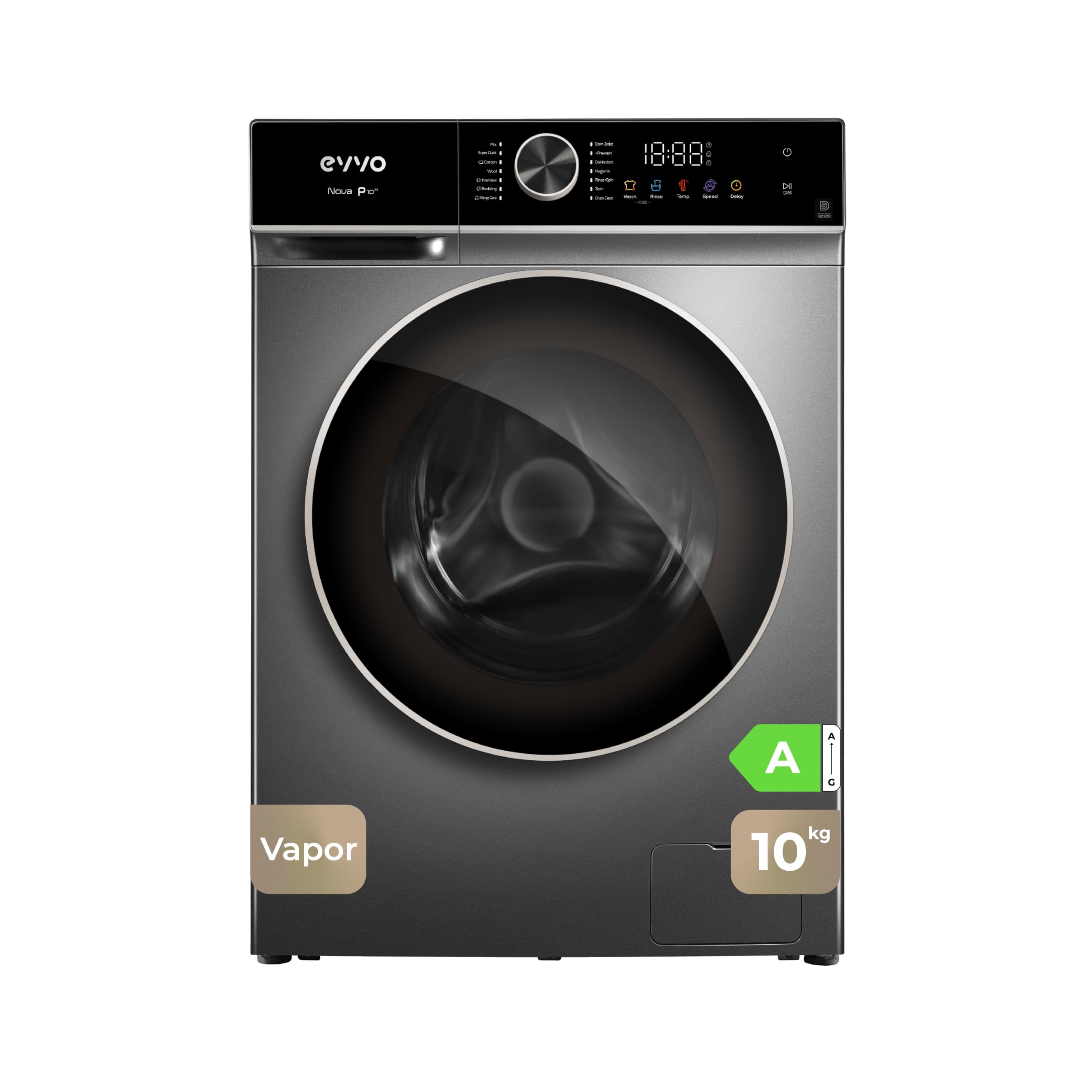 EVVO Washing machine Front Loading NOVA P Inox Large Capacity 10 kg, 1200 RPM, CLASS A - Inverter Motor, Smart Load Detection Load