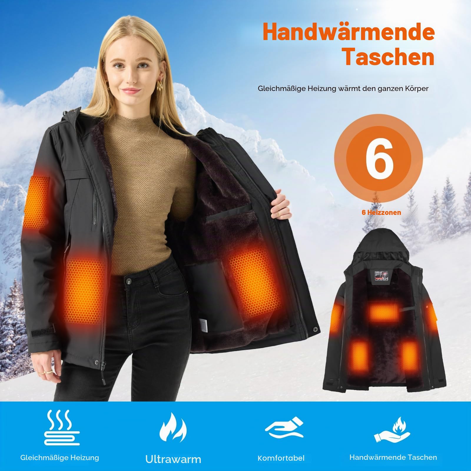 Beheizbare Fleece Jacke Damen mit 20000mAh Akku, Wasserdichte, Winddichte & Atmungsaktive Graphene Heizjacke mit 6 Zonen & 3 Stufen, Beheizte Skijacke für Winter Ski, Wandern, Outdoor