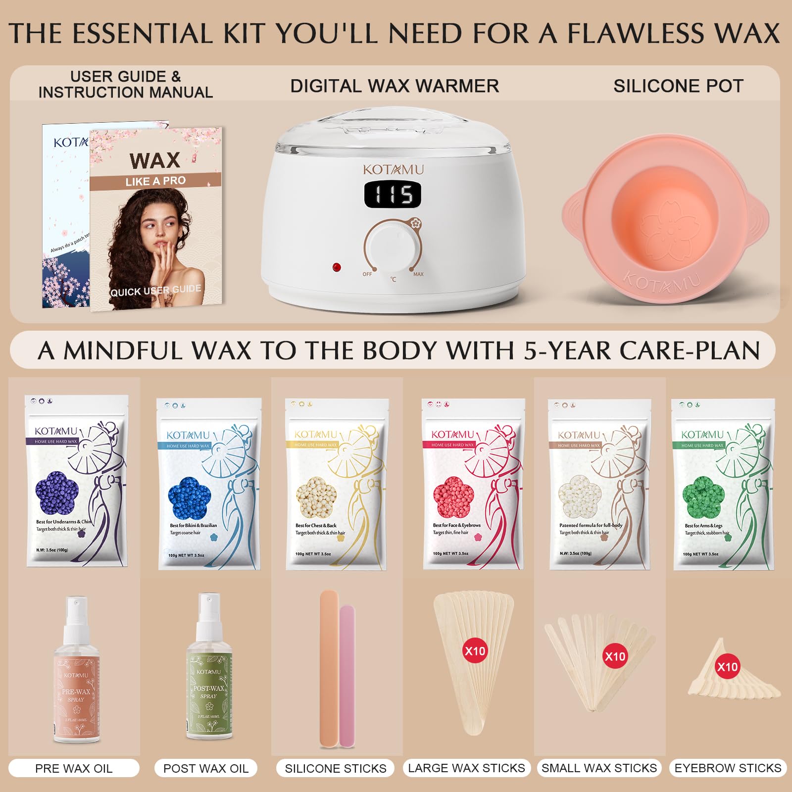 Kit de depilación con cera KOTAMU para mujeres y hombres, kit de cera para depilación, olla de cera digital para pieles sensibles, calentador de cera blanco para uso en salones de belleza en casa