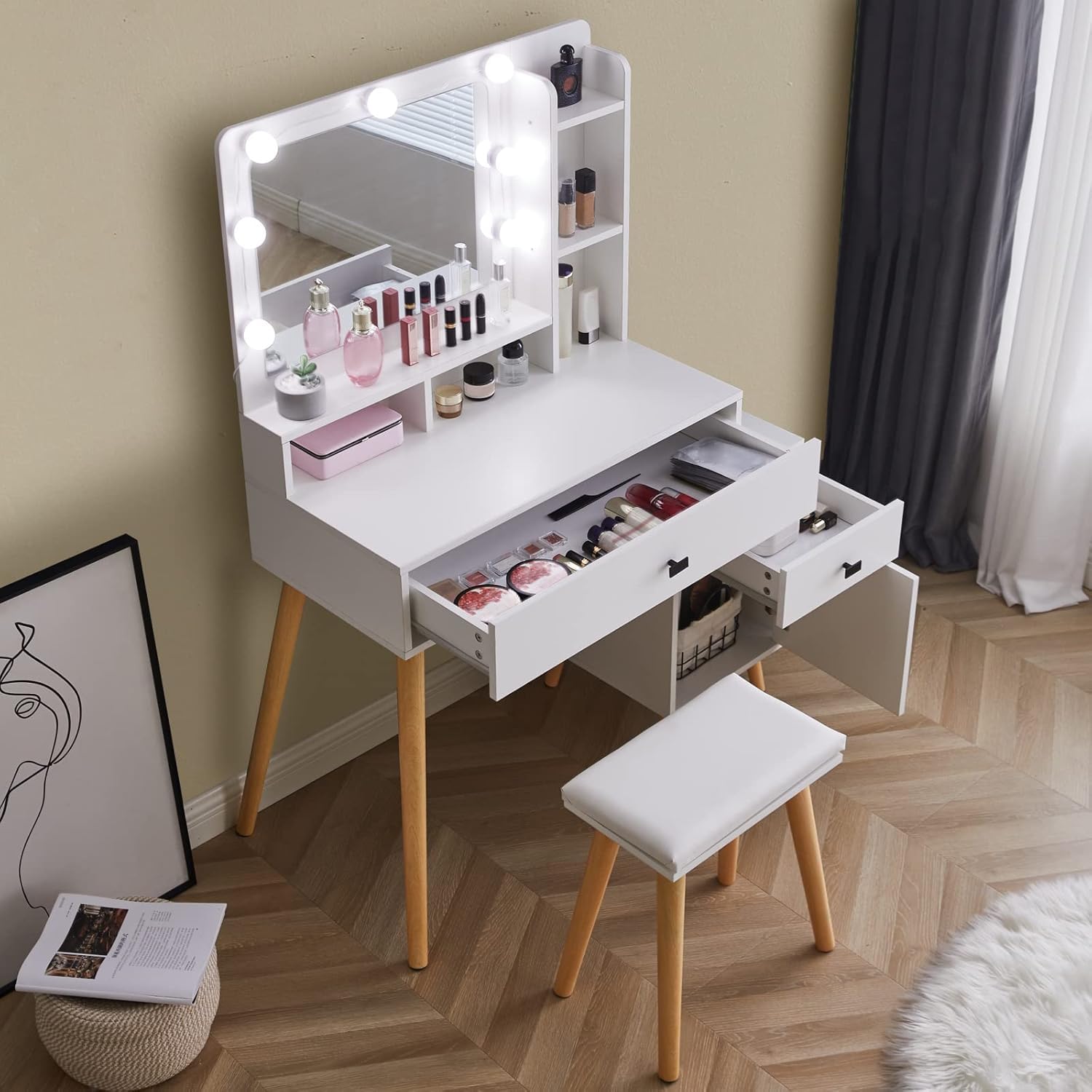 CLIPOP Schminktisch mit Hollywood LED Spiegel,Licht Verstellbare Helligkeit,Frisiertisch Gepolsterter Hocker Set Weiß,Kosmetiktisch aus Holz mit Schublade und Aufbewahrungsschrank