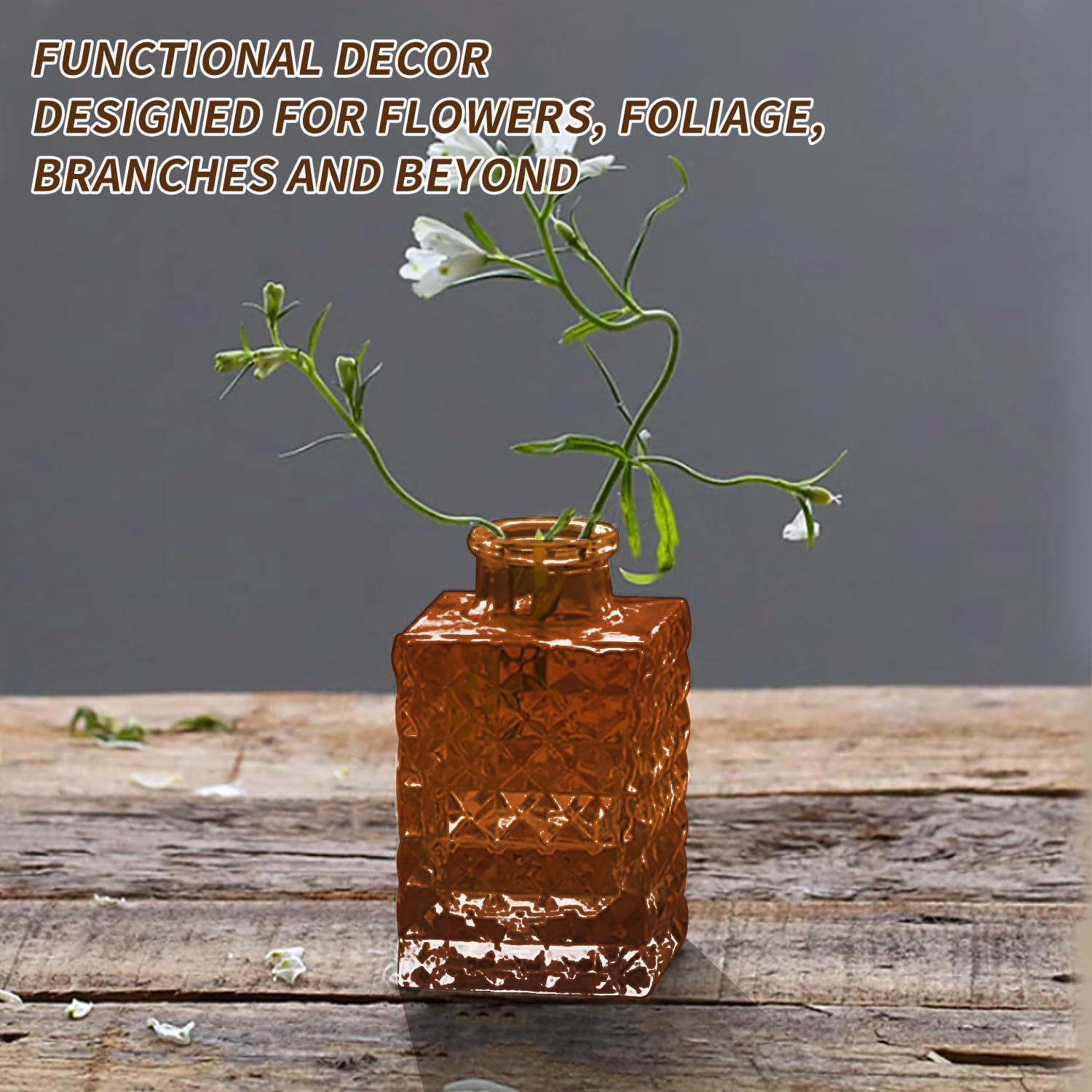 KUAGUINZUHE 12 Pcs Glass Bud Vase Set, Small Amber Vintage Flower Vases for Wedding Centerpieces in Bulk, Mini Embossed Vases for Home Table Decor, Party, Baby Shower Decorations - Image 6