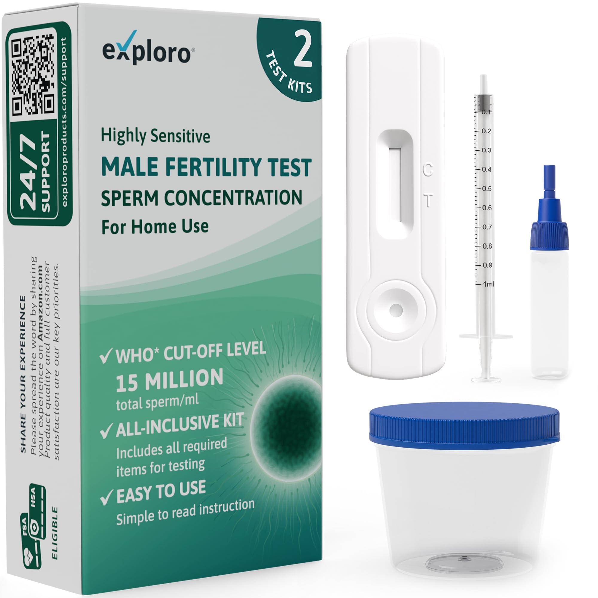 Exploro Sperm Check Fertility Test for Family Planning, Sperm Test for Men to take Male Fertility Test, Fertility Test for Men for Sperm Check, Sperm Test Kit to Test 15 Million Sperm/ml [2 Pack]