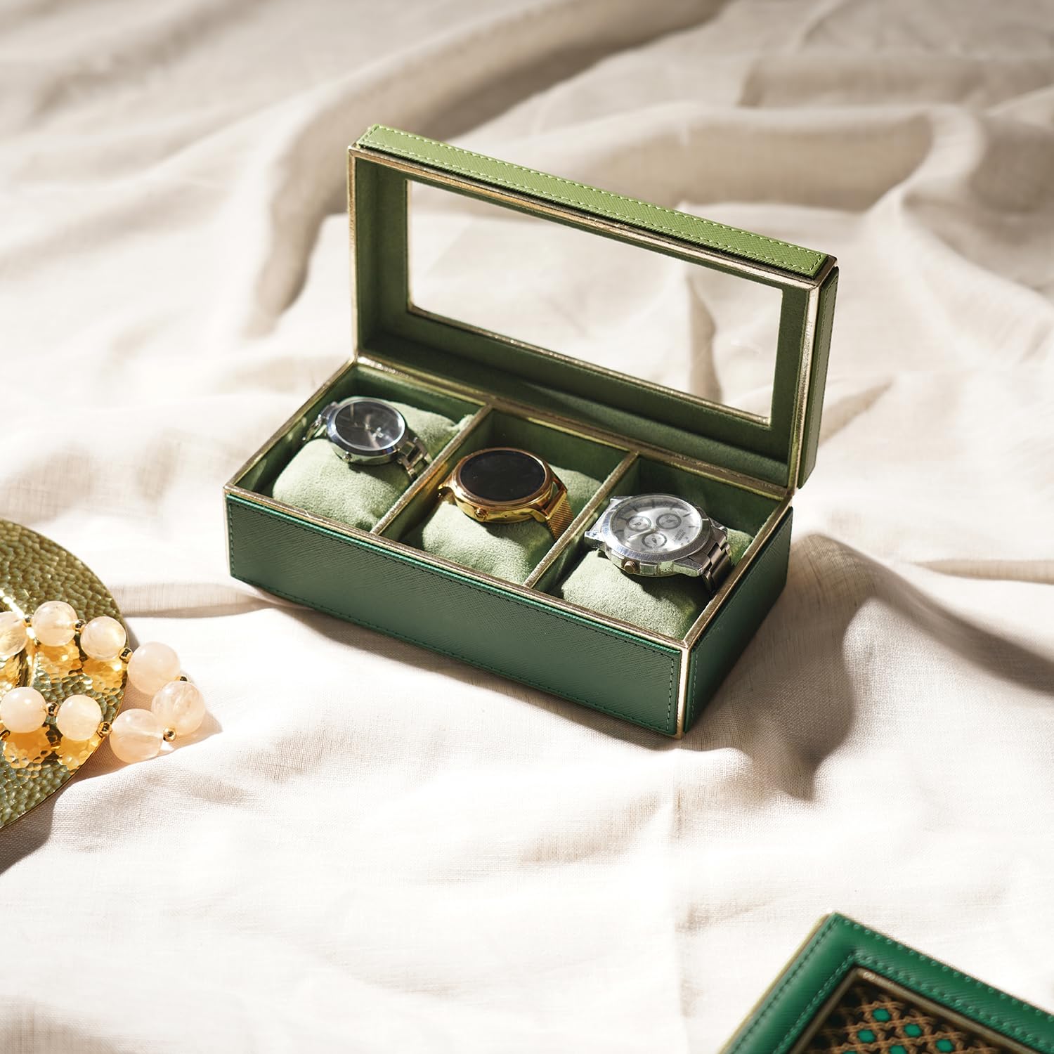 Pure Home + Living Green 3 Compartment Faux Leather Watch Box, Holder with Glass Lid, Removable Velvet Cushion, 3 Slots, Watch Display, Green (B0CDBQYZG9) Amazon Price History, Amazon Price Tracker