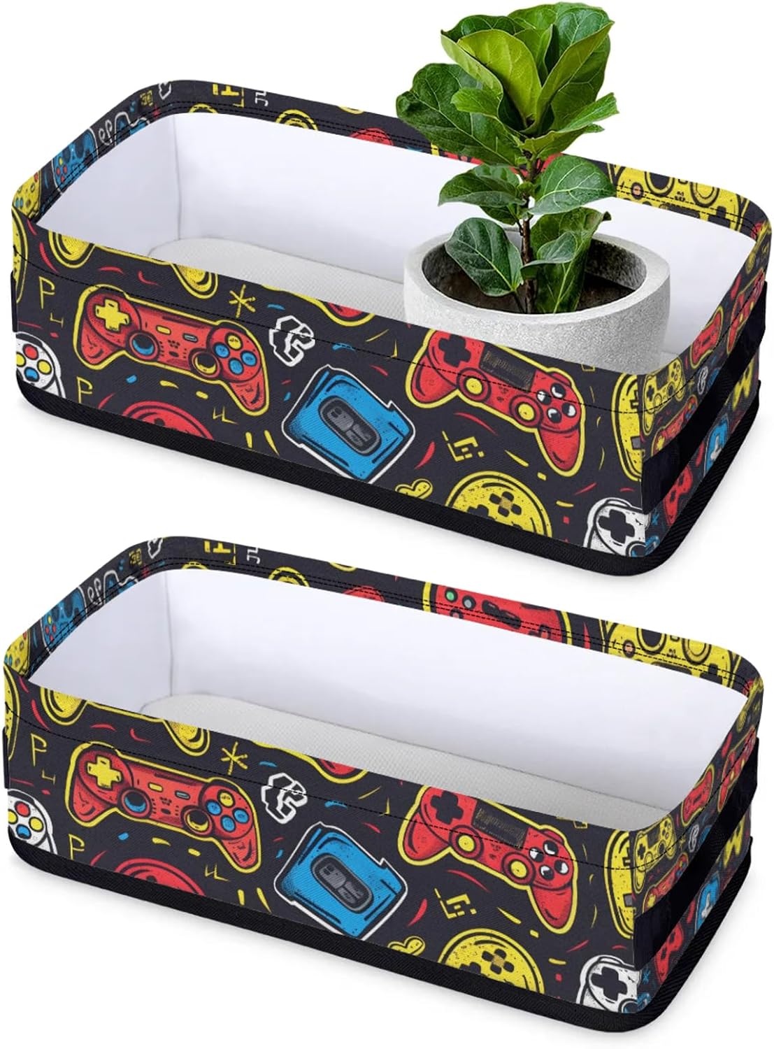 Small Storage Basket Cartoon Game Controllers Baskets for Organizing 2 Pack Shelf Baskets with Handles Fabric Storage Bins for Bathroom Table Counter