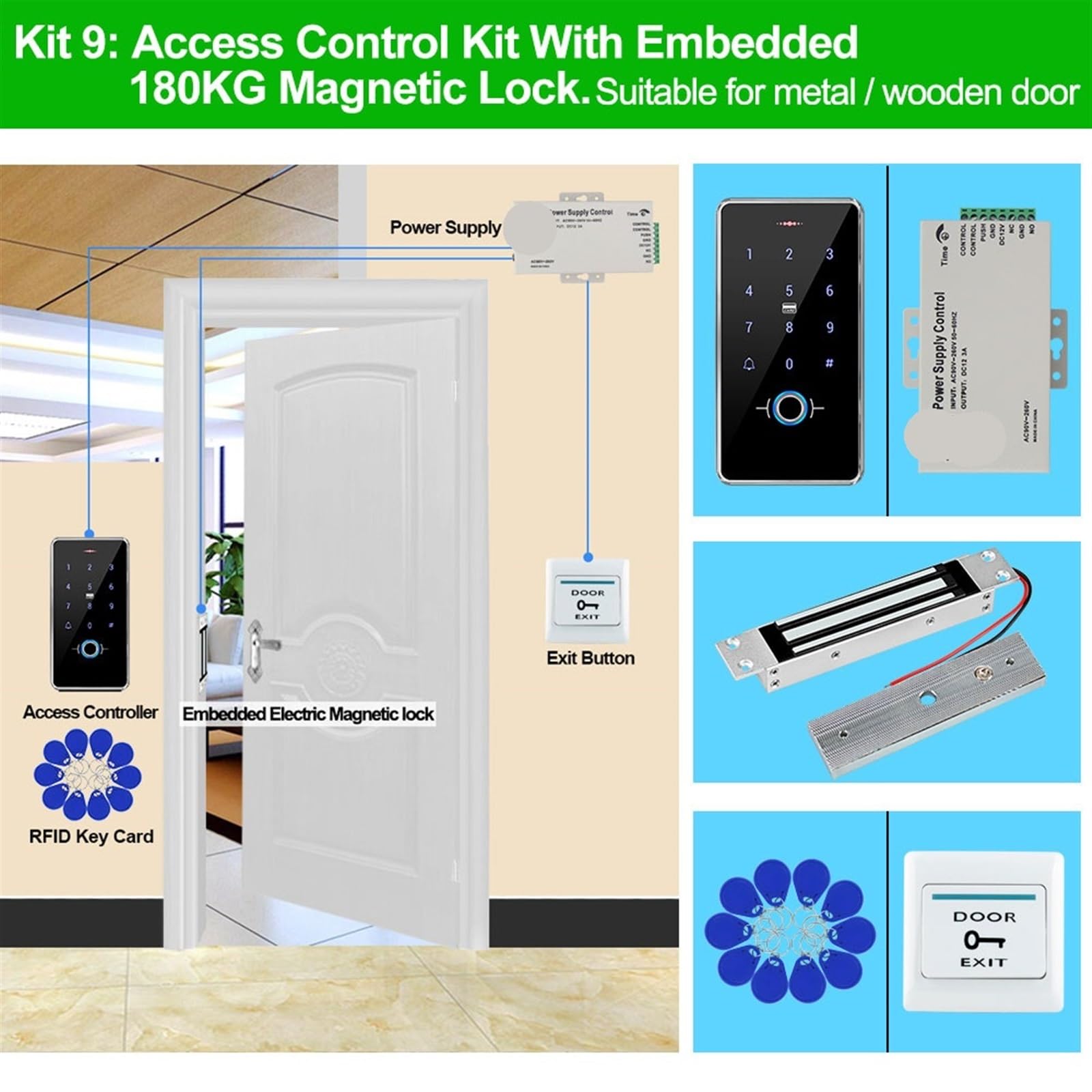 de Control de Acceso de Puerta a Prueba de Agua IP68, Teclado biométrico RFID, Fuente de alimentación, cerraduras magnéticas eléctricas de 180KG for el hogar(Kit9 (180KG AN))