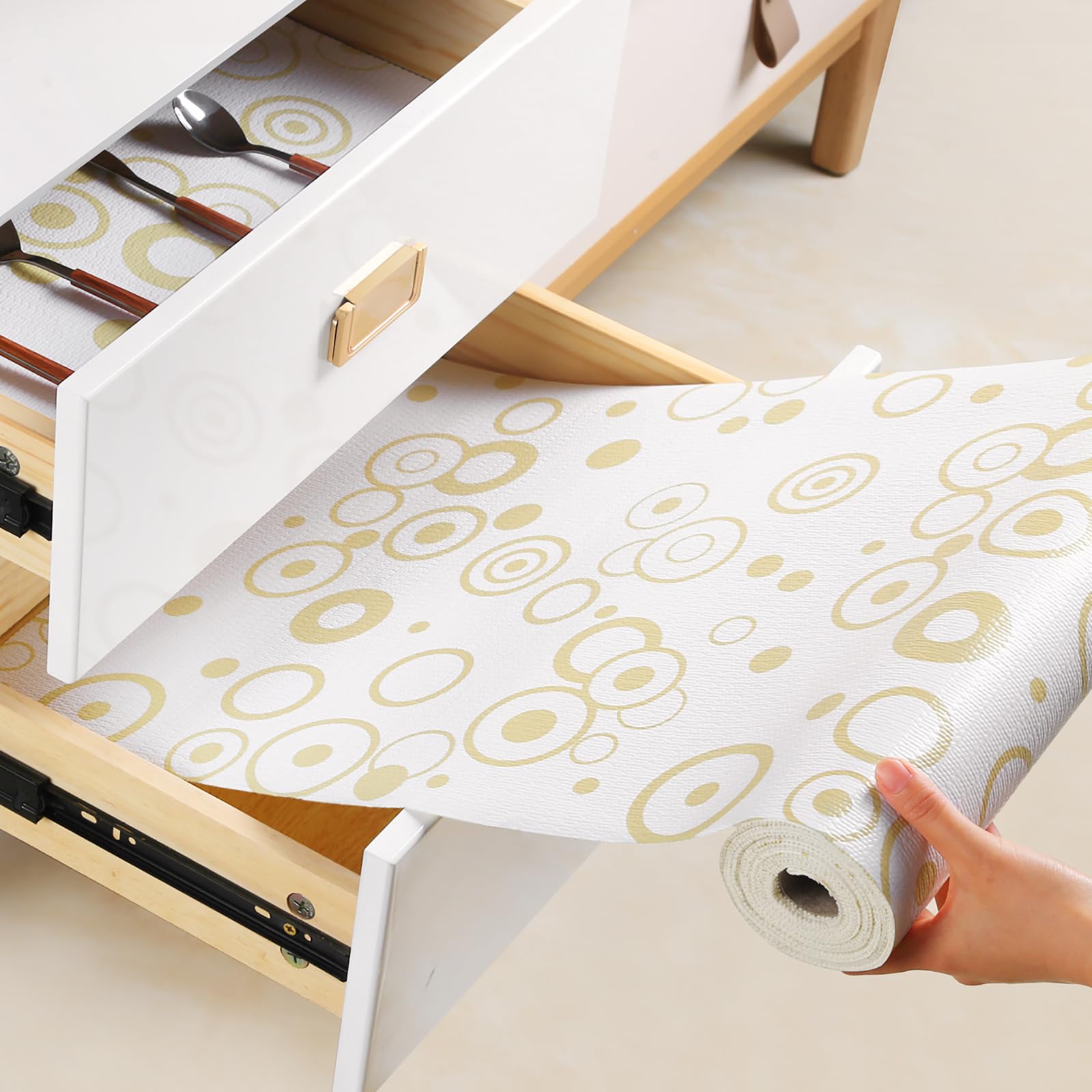 wohomuke Plastic Drawer Lining Material Shelf Liners 51x610cm Strong Grip Non-Slip Shelf Liners for Kitchen cabinets nonstick Lining Drawer Mats PVC Drawer Liner Waterproof (Yellow Circle,51x610cm)