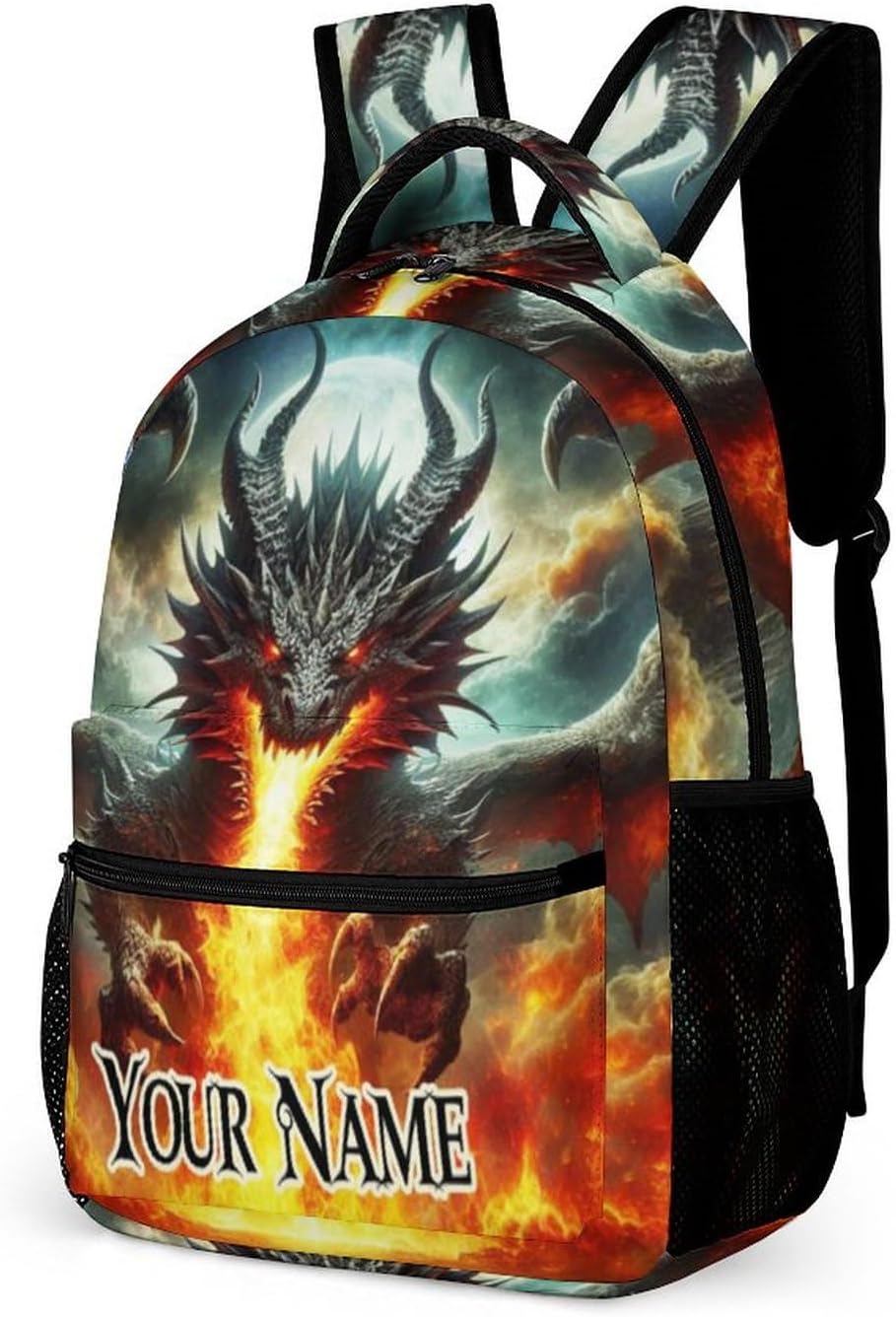 Custom Dragon Backpack for Kids Girls Boys School, 16 Inches Cute Dragon Theme Bookbag, Adjustable, Lightweight, Large Capacity, Colorful Backpack for School