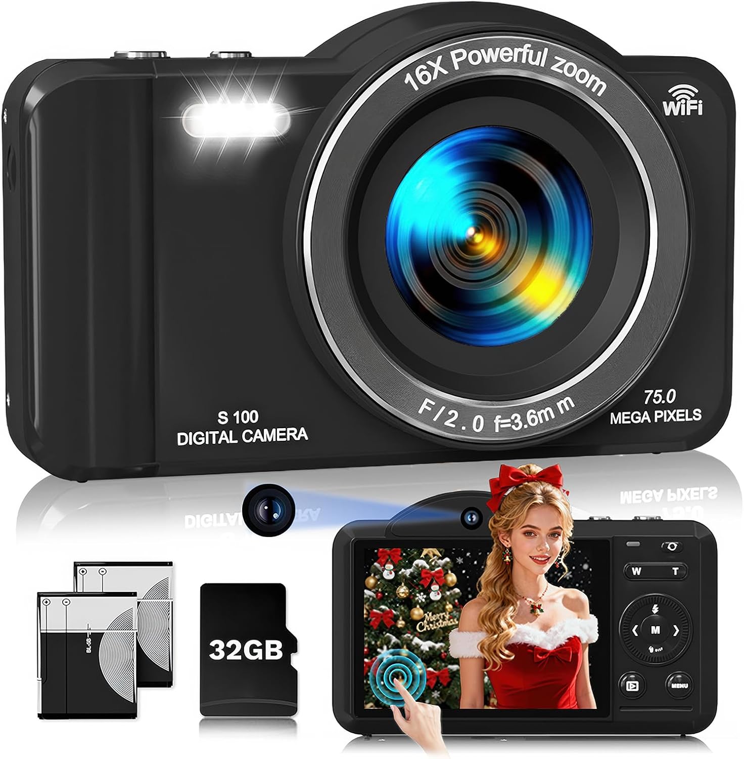 Digital Camera, 4K WiFi 75MP Compact Camera with Touchscreen 16X Zoom, Autofocus Vlogging Travel Camera, 32GB SD Card for Teens Boys Girls Beginners (Black)