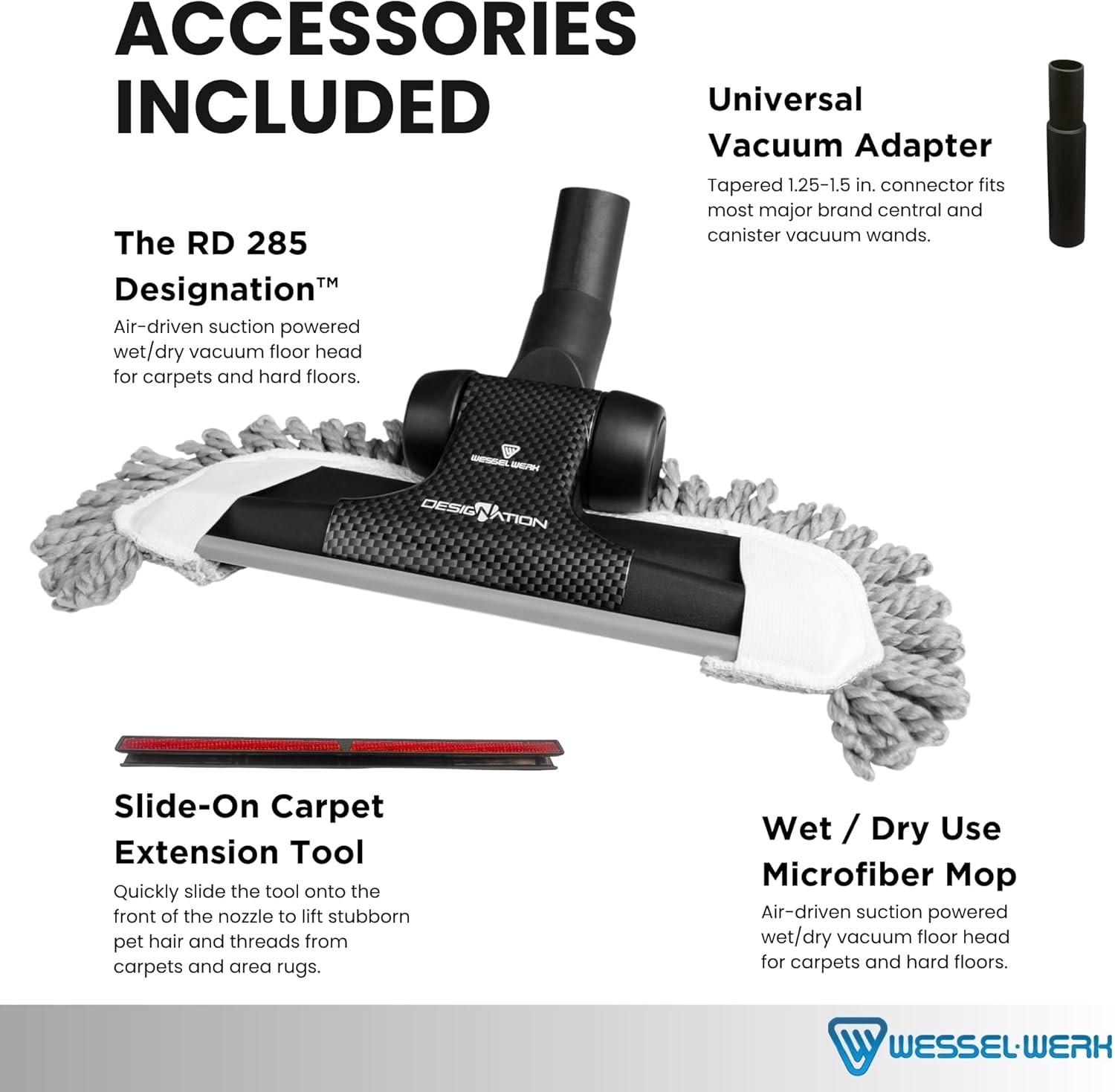 Wessel-Werk RD 285 Designation™ 3-in-1 Vacuum Floor Brush Attachment Set — Ultra-Thin Nozzle with Microfiber Wet/Dry Mop & Pet Hair Carpet Tool (Designation™ 3-in-1 Set)