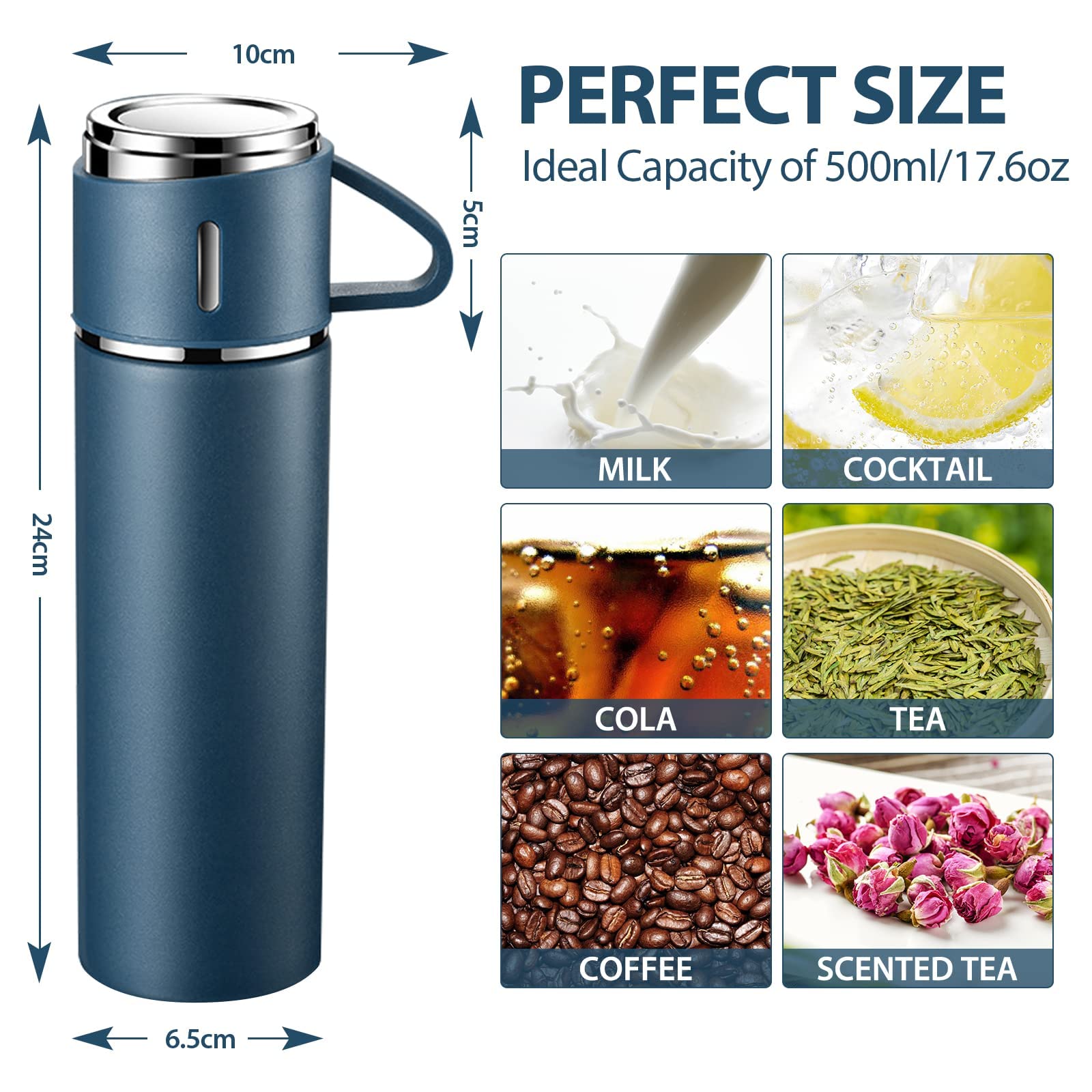 Stainless Steel Water Bottle, Insulated Travel Mug with Leakproof Cup Lid & Handle, 500ml Double Walled Vacuum Flask - Image 2