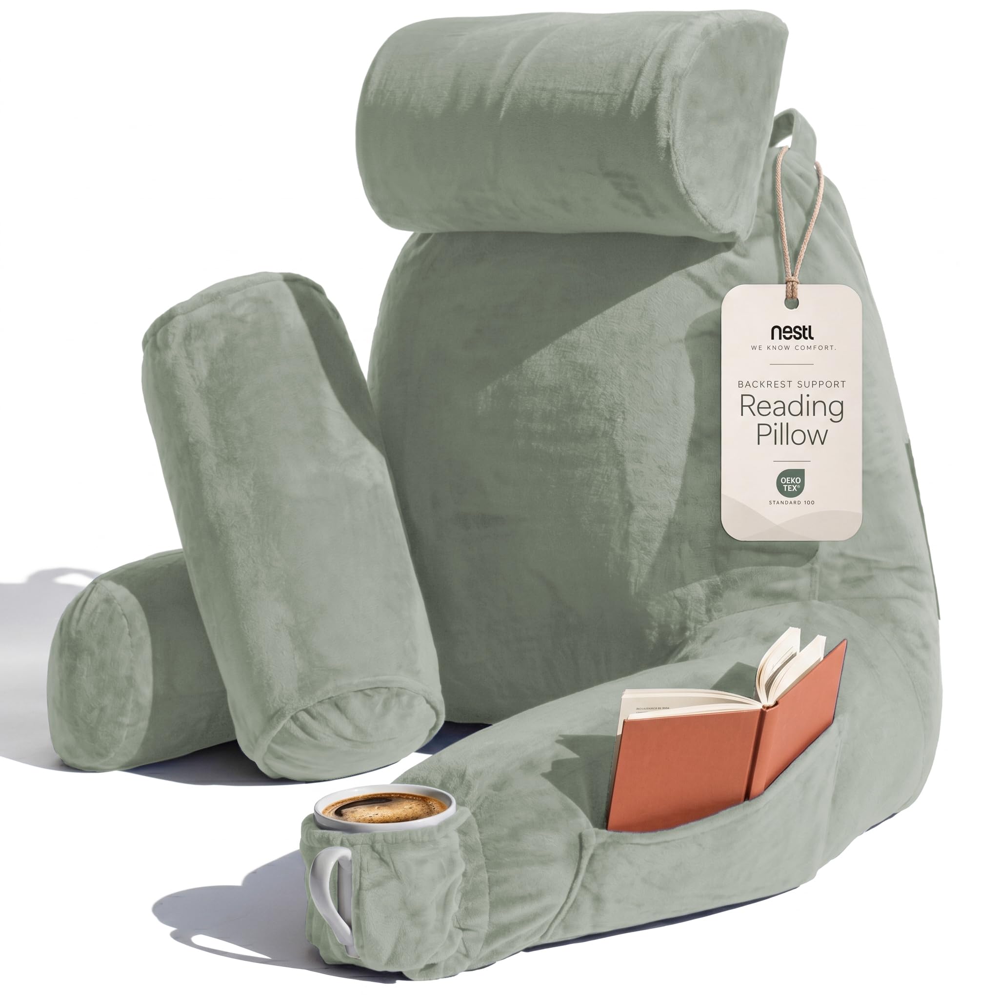 Nestl Reading Pillow for Bed, Back Pillow for Sitting Up in Bed, Sage Green
