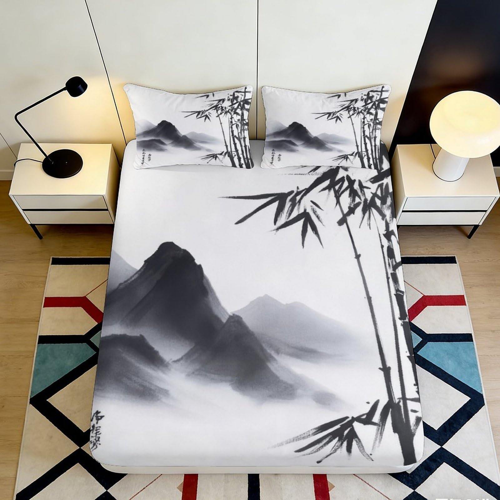 3D Printed Chinese Ink Bamboo Mountain Fitted Sheet Microfiber Soft Bed Sheet for Bedroom Living Room Decor 90x200x25cm
