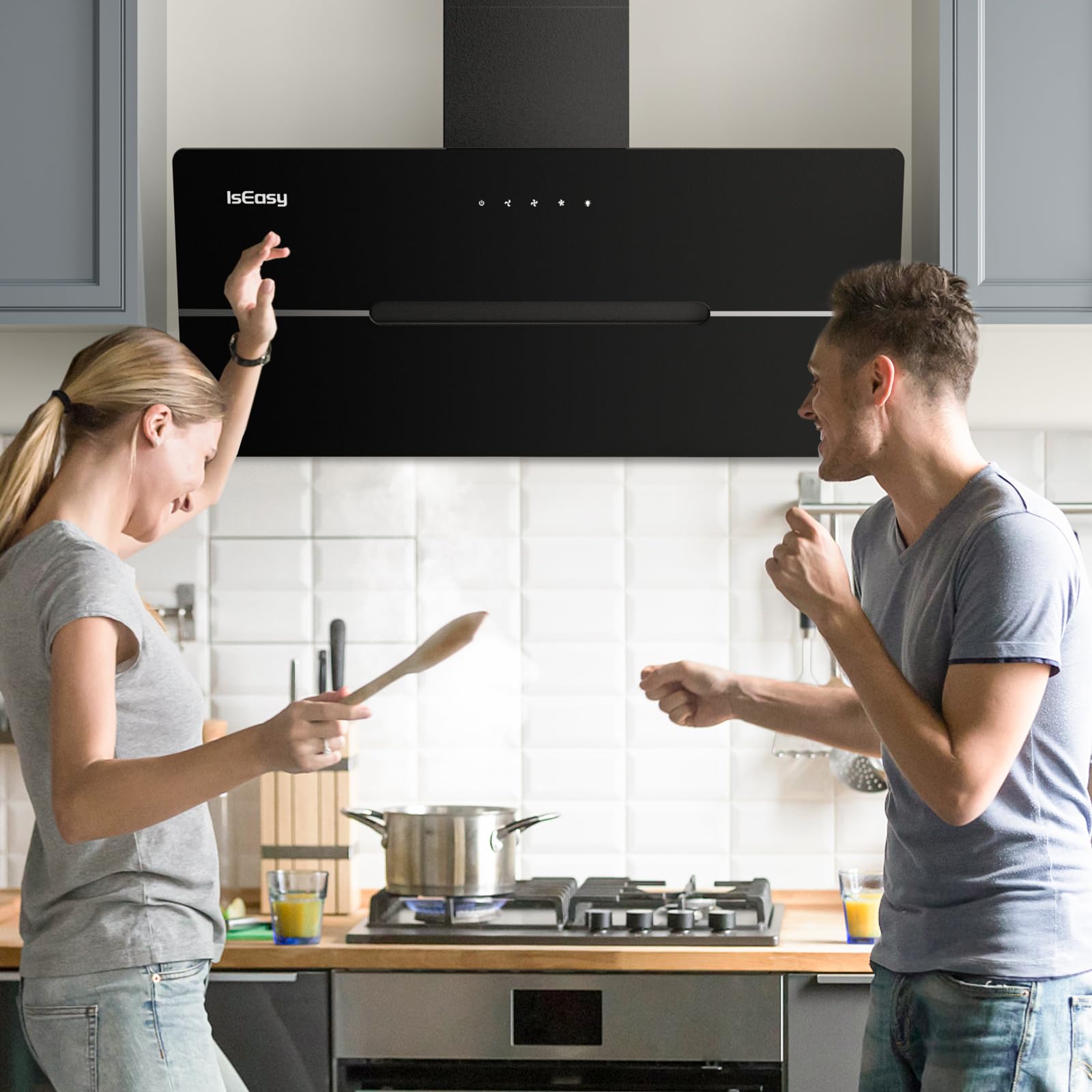 Hotte Aspirante 90cm, IsEasy Hotte Aspirante Inclinée Noir, 578 m³/h Classe A++, 3 Niveaux de Vitesse, Éclairage LED, Hotte Murale Évacuation ou Recyclage, Filtre à Charbon Inclus