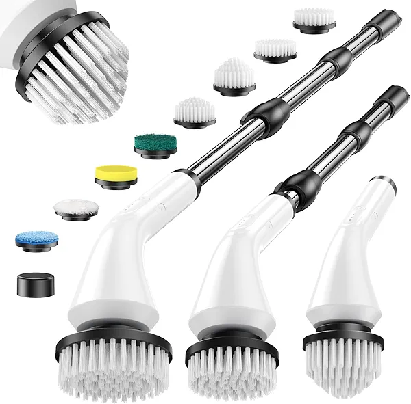 Electric Spin Scrubber, Cordless Power Electric Cleaning Brush Waterproof with Adjustable Extension Handle for Bathroom Kitchen Floor Grout Tile (White)