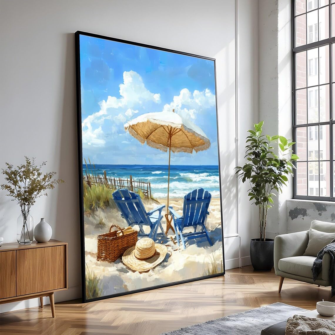 XINBAO Obraz na płótnie z nadmorską sceną plażową, dwa niebieskie krzesła, parasol przeciwsłoneczny, letni widok na morze, morski obraz dekoracyjny (60 x 90 cm/rama wewnętrzna)
