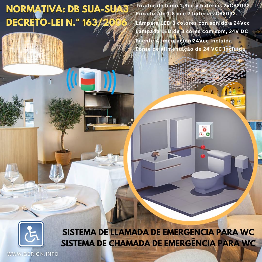 Kit Llamada Alarma Emergencia Inalámbrico Tirador Pulsador Aviso Acústico Lámpara Alta Visibilidad Baños Asistidos Adaptados