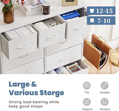 Vista 169 de DUMOS Cómoda para dormitorio, 4 cajones, organizador de cofres altos de tela, muebles de torre con marco de metal superior de madera para sala