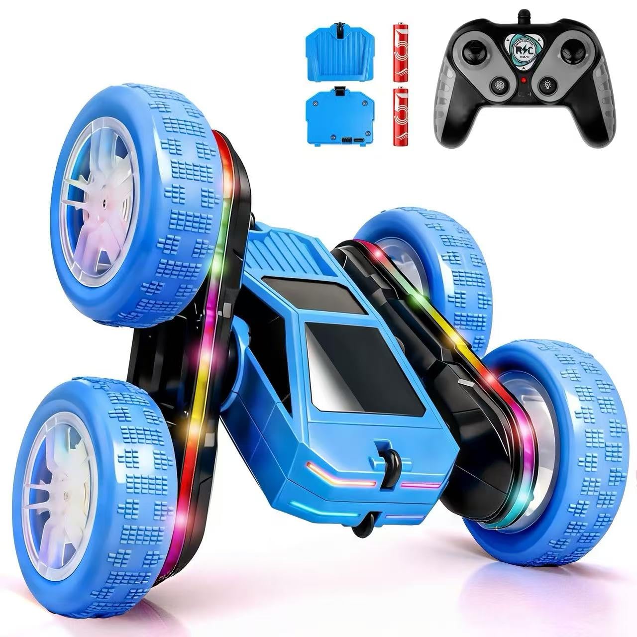 Remote Control Car, Rc Cars Stunt, RC Crawler Toys 4WD 360° Rotating with LED Light-Up Wheels &amp; Remote Control for 6-12 for Boys Birthday Gift (Blue)