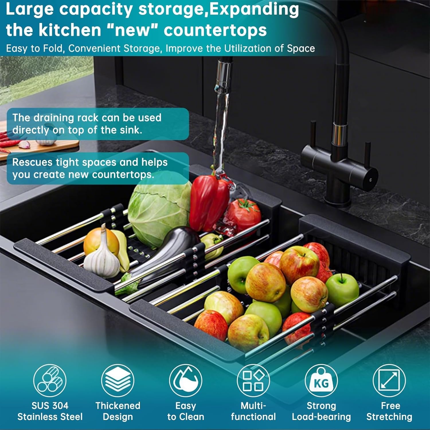 TUTEW Dish Drying Rack, Stainless Steel Dish Drainer with Adjustable Arms Holder Functional Kitchen Sink Organizer for Vegetable and Fruit, Black Large