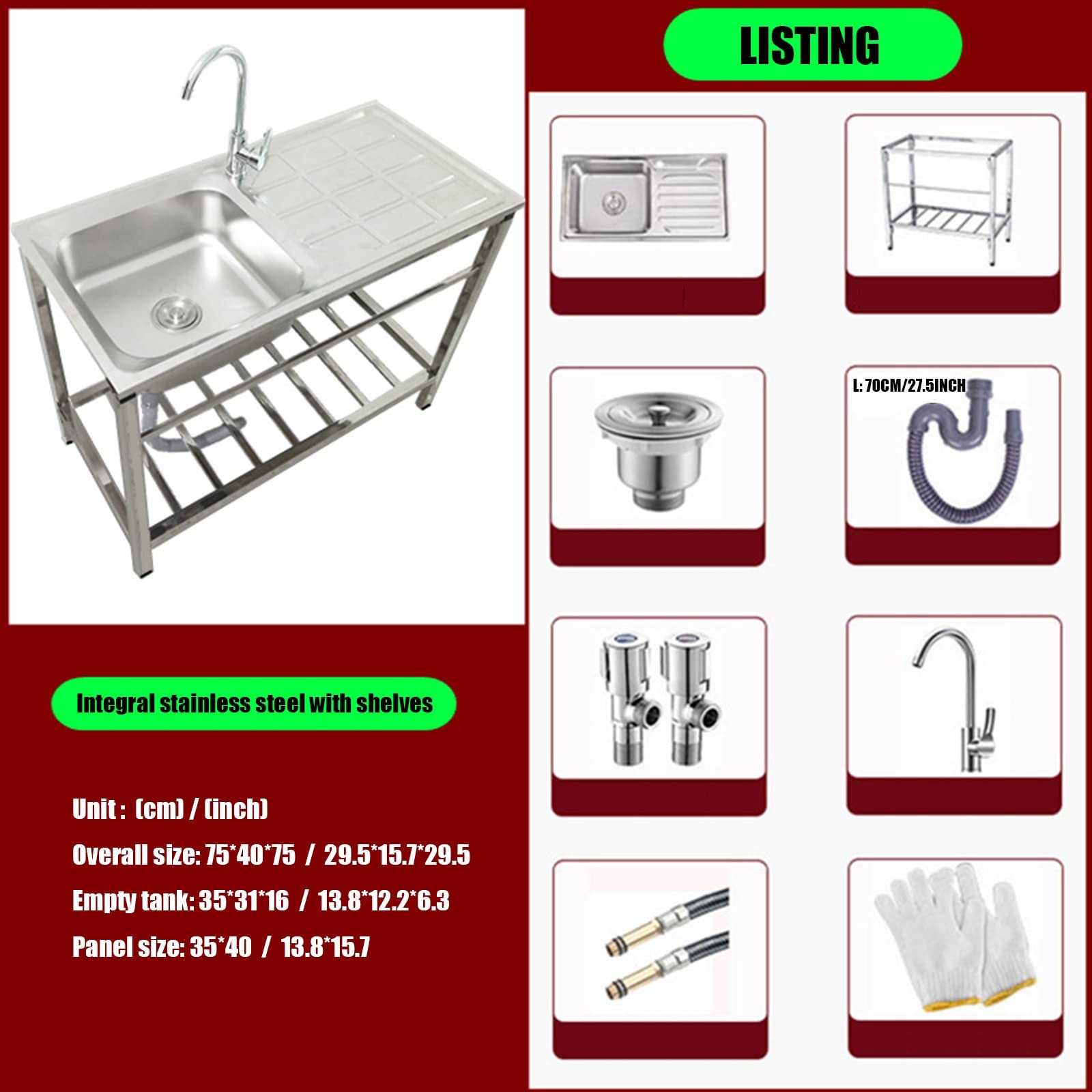 Comercial Restaurante Fregadero Portatil Camping Fregadero Exterior Independiente de Acero Inoxidable, Fregaderos de un seno Con Agua Fria y Caliente Grifo, para Cocina, Restaurante, Bar, Jardín ( Col