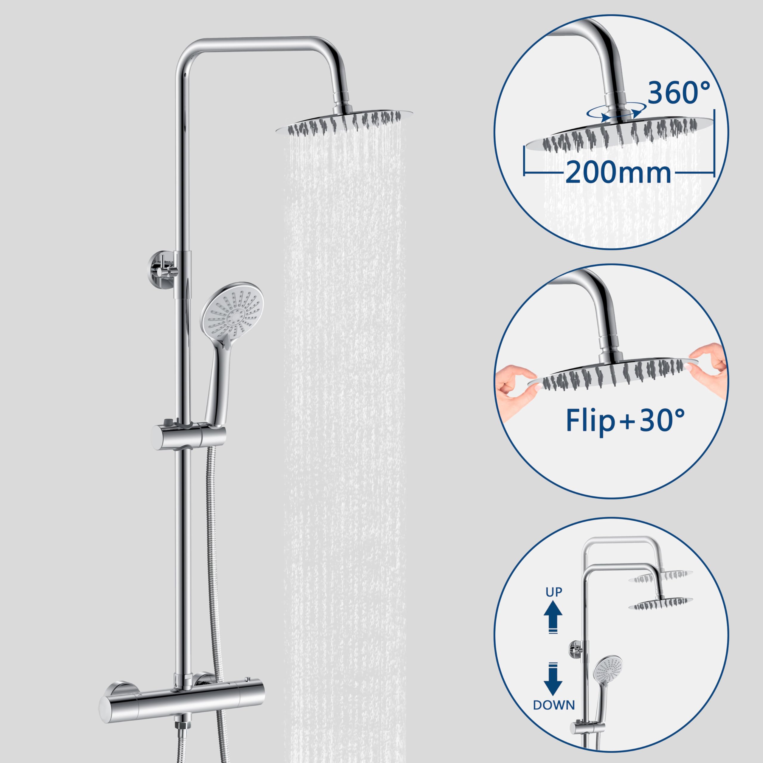 OCEAN ITALY Colonna Doccia Termostatico Set Soffione Rotondo Acciaio INOX Asta Saliscendi Regolabile