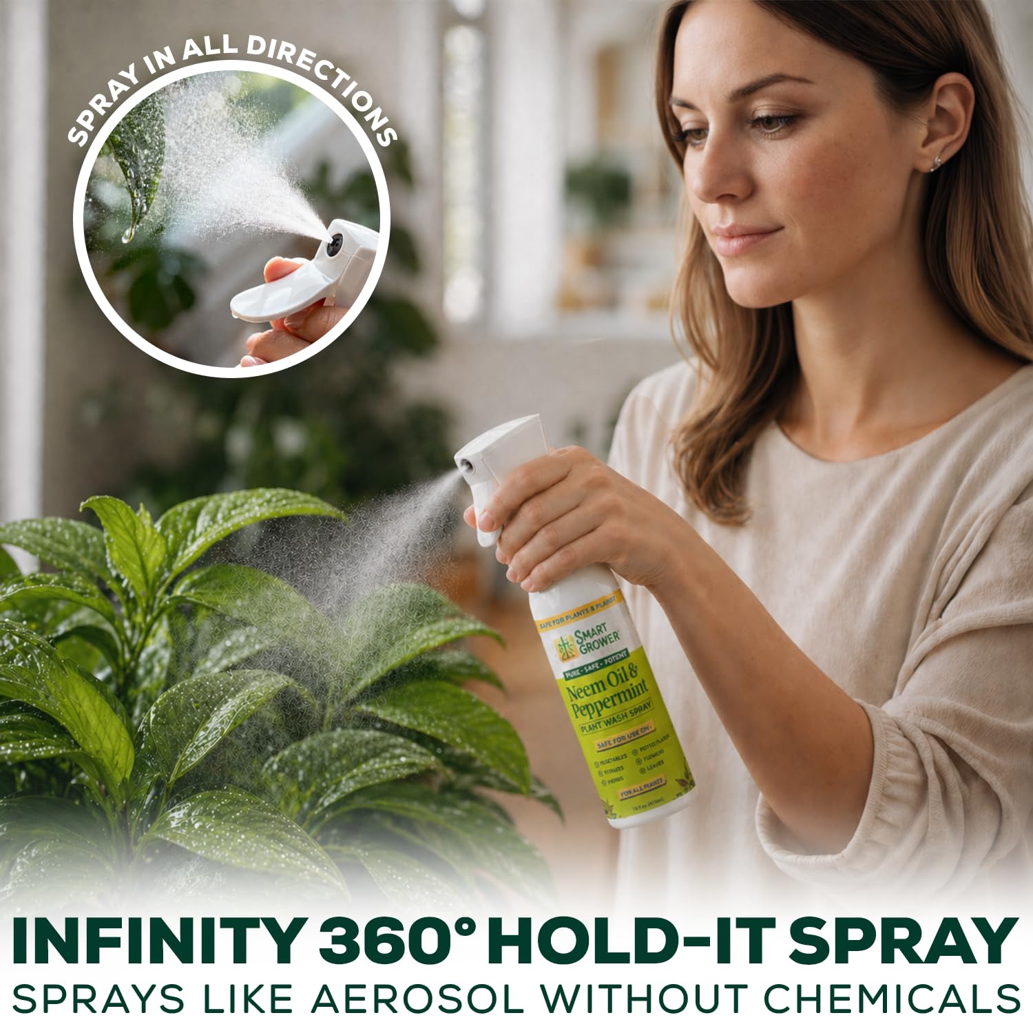 Spray de aceite de neem para plantas con aceite de menta, paquete combo recargable de niebla fina de 283,5 g + relleno concentrado de 113,4 g - Hecho 6 botellas, lavado natural para plantas