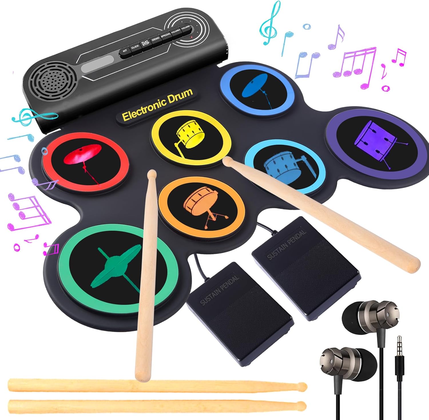 Portable Electronic Drum Set for Beginners: Roll-Up Drum Pad with Headphones, Drumsticks & Pedals – USB MIDI, 10-Hour Playtime, Ideal Music Gift for Drummers Students & Hobbyists