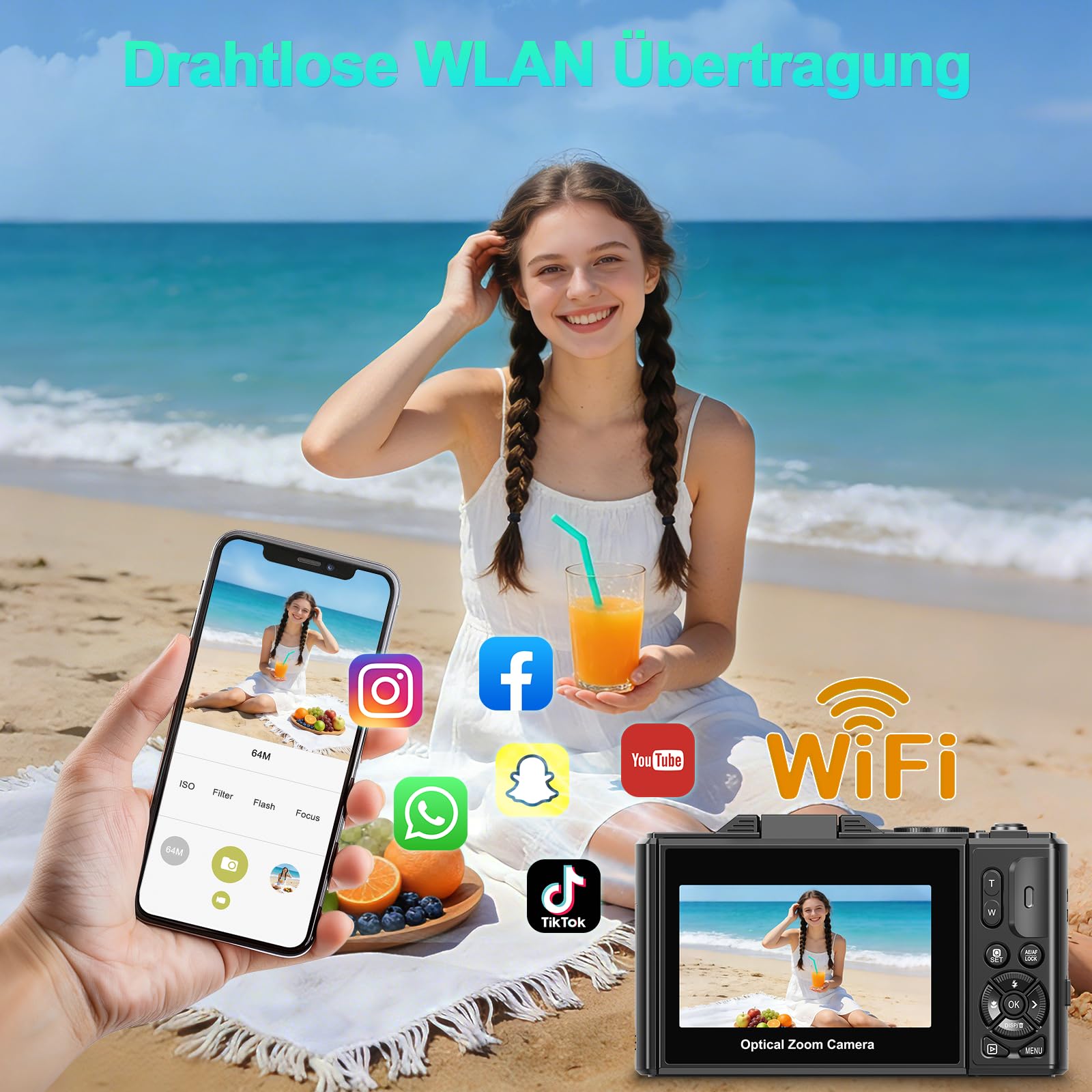 Digitalkamera 5K WiFi 80MP Kamera Fotokamera mit 12X Optischer Zoom, 3" 180° Flip Autofokus Fotoapparat Kompaktkamera für Anfänger, 2 Akkus, 16GB Karte, Schwarz