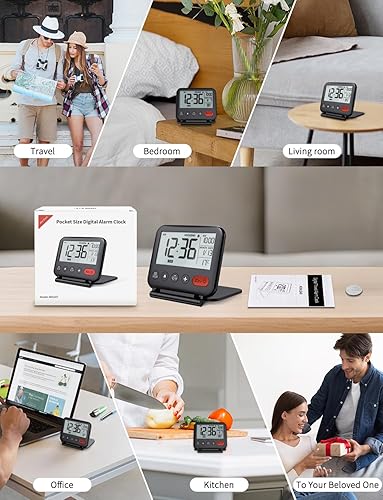 Miniatura 8 de NOKLEAD Reloj despertador digital de viaje para dormitorio y oficina: pequeño reloj de escritorio LCD con luz de fondo, fecha, temperatura,